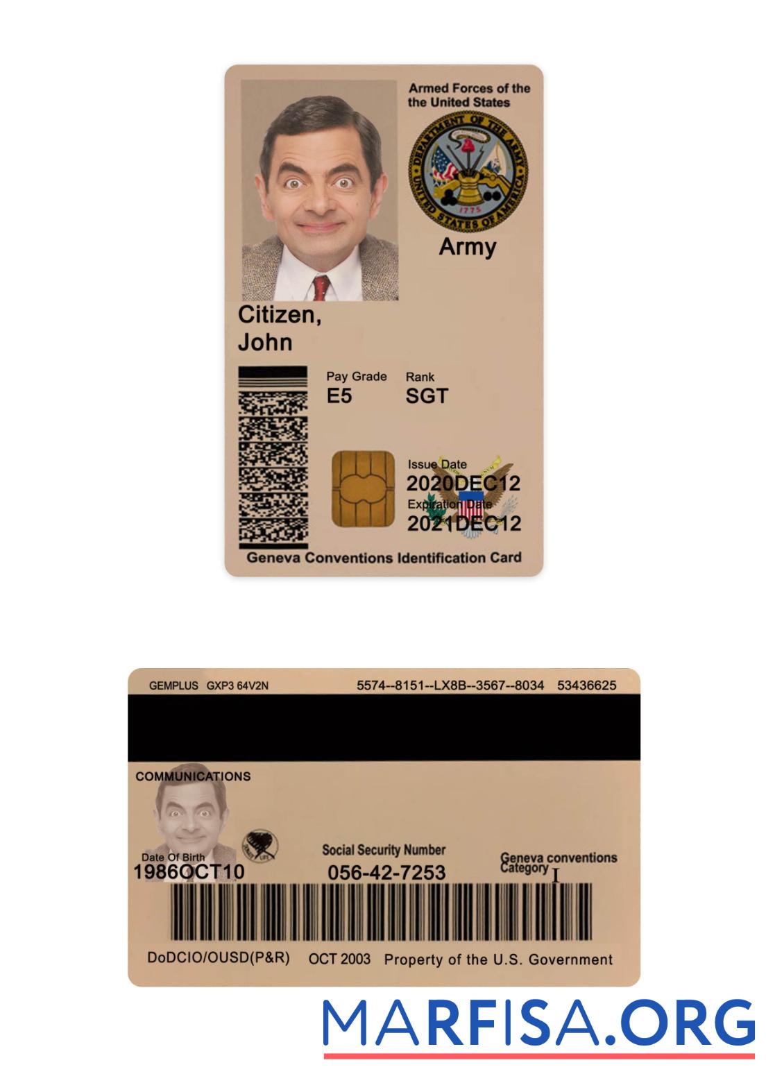 Blank USA military ID card sample